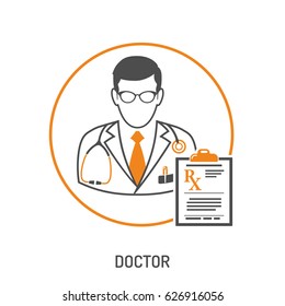 medical concept with doctor and prescription on clipboard. two color falt icons. isolated vector illustration