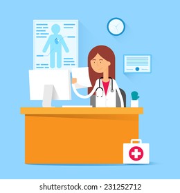 Medical concept - doctor sitting at the table in the office. Vector illustration, flat style