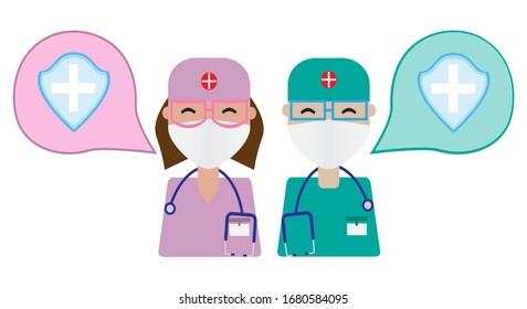 Medical concept. Doctors and speech bubble character icons. Health care. Vector illustration.