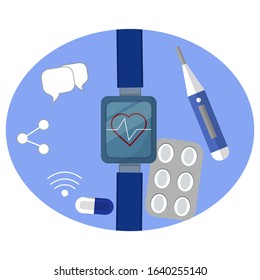 Medical concept in flat design. Smart clocks, pills, thermometer, online services.
