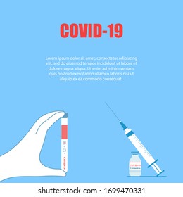 Medical concept: hand holding Covid 19 test, syringe and coronavirus vaccine bottle. Vaccine Covid-19. Medical banner testing and protection against coronavirus. Flat vector style.