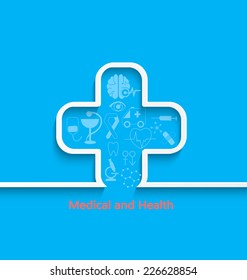 Medical concept with health, healthcare, nurse, tooth, thermometer, pills and cross icon. Vector illustration.