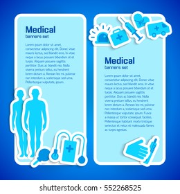 Medical concept with healthcare stickers and human silhouettes vector illustration