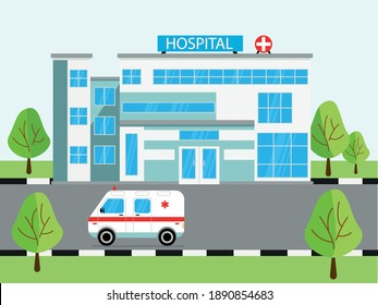 
Medical concept with hospital building and ambulance in flat style. Panoramic background with hospital building and ambulance in flat style.