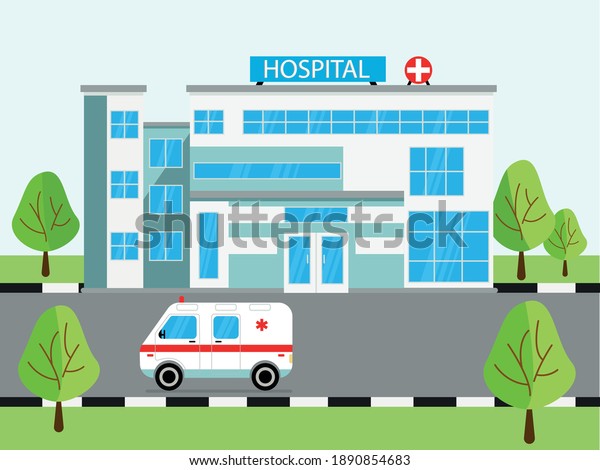 \
Medical concept with hospital building and\
ambulance in flat style. Panoramic background with hospital\
building and ambulance in flat\
style.