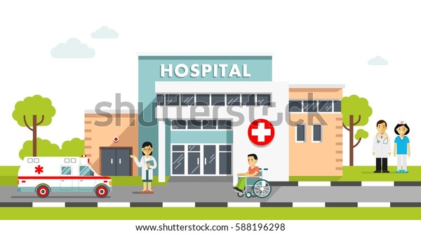 Medical\
concept with hospital building and doctor in flat style. Panoramic\
background with hospital building, doctors, nurses, disabled man in\
wheelchair and ambulance car in flat\
style.
