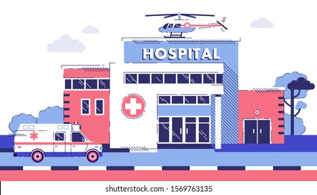 Medical concept with hospital building in flat line art style. City background with hospital building, ambulance car and helicopter isolated on white