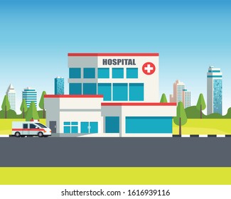 Medical concept with hospital building in flat style. City background with hospital building, ambulance car isolated blue background