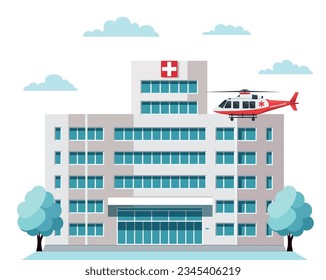 Medical concept with hospital building in flat style. hospital building, helicopter isolated on white. City hospital building with ambulance and helicopter in flat design. vector.