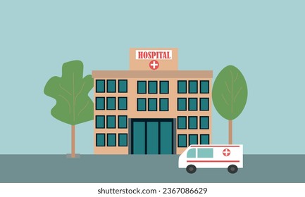 Medical concept with hospital building in flat style. City background with hospital building, ambulance. Vector illustration. 