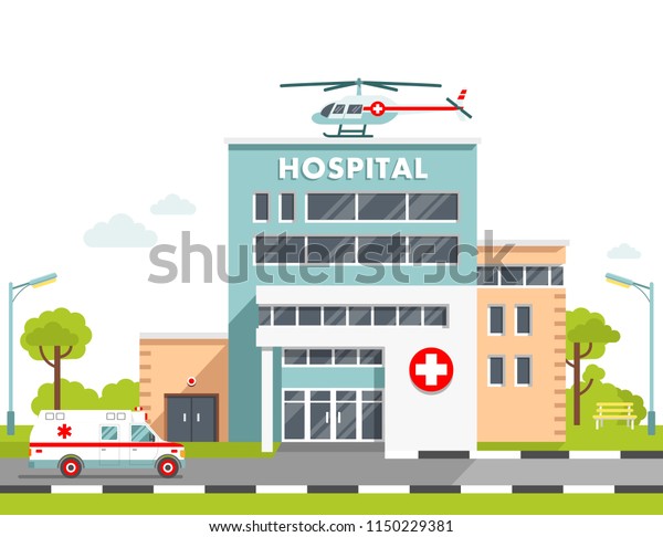 Medical concept with hospital building in flat\
style. City background with hospital building, ambulance car and\
helicopter isolated on\
white