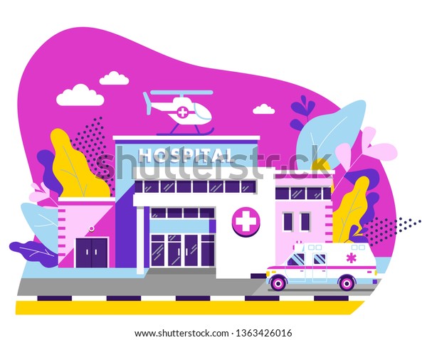 Medical concept with hospital building in flat\
style. Panoramic background with clinic building, ambulance car and\
helicopter in flat\
style