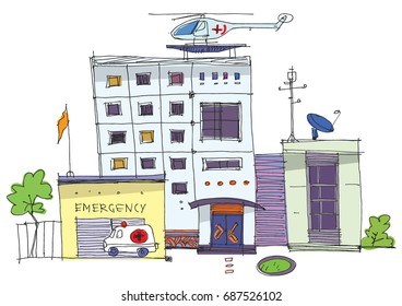 Medical concept with hospital building . Panoramic background with hospital building, ambulance car and helicopter.