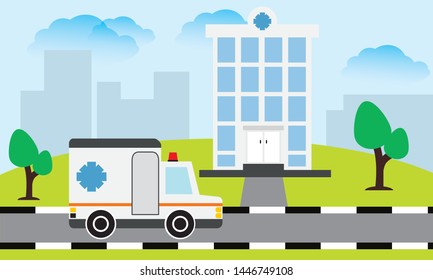  Medical concept with hospital buildings and ambulances in a smooth style