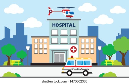  Medical concept with hospital buildings and ambulances in a smooth style
