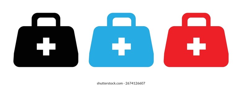 medizinisches Konzept, Symbolsatz, Vektor auf weißem Hintergrund. Erste, Hilfe, Kit, Tasche, medizinische, Gesundheit, Pflege, Notfall, Krankenhaus, Arzt, Krankenschwester, Medizin, Behandlung, Kreuz, Symbol.