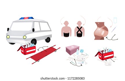 Medical Concept, Illustration of Ambulance and First Aid Box Filled with Medical Supplies for Emergencies Isolated on A White Background.