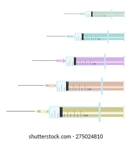 Medical Concept, Illustration Collection of Assorted Medical Syringe or Hypodermic Syringe Isolated on A White Background. 