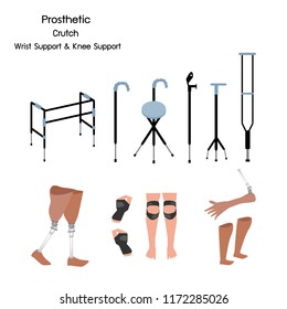 Medical Concept, Illustration Collection of Prosthetic Leg, Knee and Arm, Crutches and Walkers with Wrist and Knee Support.
