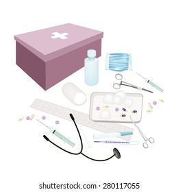 Medical Concept, Illustration of First Aid Box Filled with Medical Supplies for Emergencies Isolated on A White Background.

