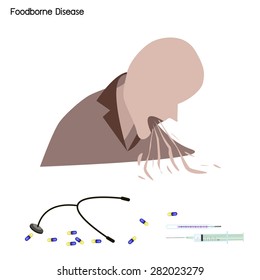 Medical Concept, Illustration Of Foodborne Illness, Foodborne Disease Or Food Poisoning With Disease Treatment.
