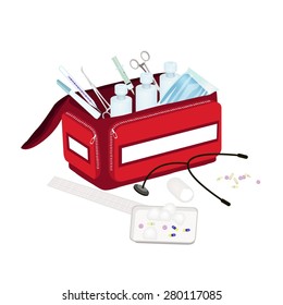 Medical Concept, Illustration Of Open First Aid Box Filled With Medical Supplies For Emergencies Isolated On A White Background.
