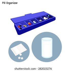 Medical Concept, Illustration of Pharmacy Bag with Pill Organizer, Pill Container or Pill Box Isolated on A White Background.
