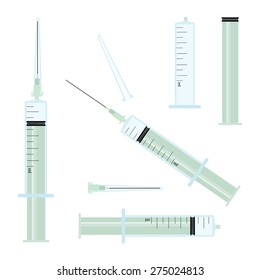 Medical Concept, Illustration Set of Assorted Medical Syringe or Hypodermic Syringe Isolated on A White Background. 