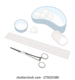 Medical Concept, Illustration of Wound Dressing or Wound Care Kit, Scissors, Cotton Balls and Bandage Isolated on A White Background. 