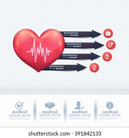 Medical Concept Infographics, Heart and Electrocardiography Vector Arrows, Numbers Banner Design