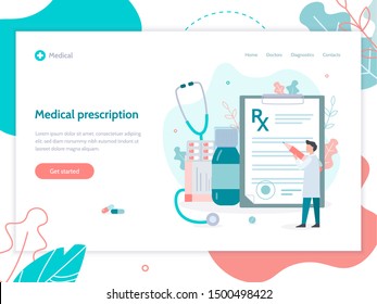 Medical concept. Male doctor writes prescription. Landing page template. Flat vector illustration. 