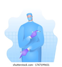 Medical Concept With Male Surgeon, Scalpel And Scissors. Surgeon Character In Uniform, Ready For The Operation. Medical Profession Modern Vector Illustration. 