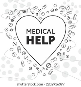 Medical concept. Medications for colds, flu, cough: medicinal syrup, nasal spray, throat spray, plus capsules Vector illustration