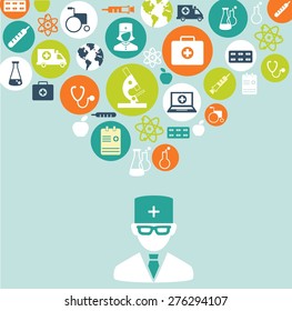 Medical concept. The concept of medicine. Silhouette of doctor with many medical icons 
