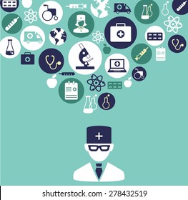 Medical concept. The concept of medicine. Silhouette of doctor with many medical icons 
