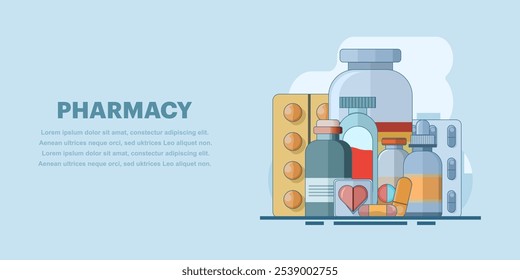 Medical concept. Medicines. Pharmacy web banner. Health and pharmacy, sale of medicines. Flu, cough and cold medicine, medicinal syrup, throat spray, tablets, capsules. Flat vector illustration.