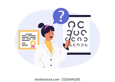 Concepto médico en diseño plano moderno para el Web. Las mujeres trabajan como oftalmólogas, examinando la salud de los ojos y la visión con pruebas, hacen diagnósticos, prescriben tratamiento y optometría. Ilustración vectorial.