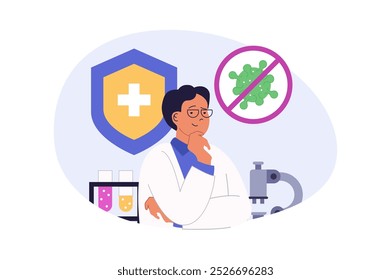 Medical concept in modern flat design for web. Man work in laboratory, making virus research with test tubes and microscope, creating medicines for pharmacy or clinic analysis. Vector illustration.