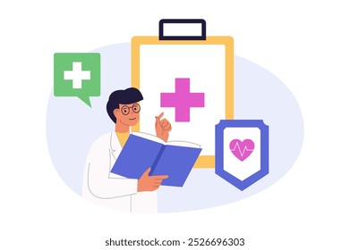 Concepto médico en diseño plano moderno para el Web. El médico hace diagnósticos, prescribe tratamientos, investiga enfermedades cardiológicas, ayuda a los pacientes con problemas cardíacos con un seguro. Ilustración vectorial.