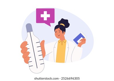 Concepto médico en diseño plano moderno para el Web. Las mujeres trabajan en el hospital, haciendo el diagnóstico de la gripe por síntomas, midiendo la fiebre con termómetro y prescribe el tratamiento con píldoras. Ilustración vectorial.