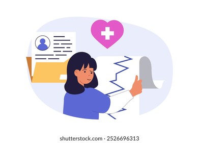 Concepto médico en diseño plano moderno para el Web. Las mujeres trabajan como cardiólogas, haciendo el diagnóstico del corazón mediante la prueba de latidos cardíacos y la exploración, prescribe el tratamiento y los procedimientos de prevención. Ilustración vectorial.