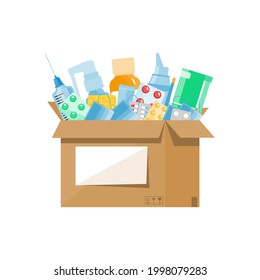 Medical concept. Open cardboard box with medicines inside on a white background. Pharmacy service with safe home delivery. Medical donations. Vector illustration.