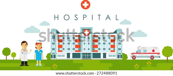 Medical concept.\
Panoramic background with hospital building, doctor, nurse and\
ambulance car in flat\
style