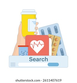 medical concept Medical and pharmaceutical plasticine elements Pills and medicines, heart with pulse line Search Cardiology. Tablet container, plastic bottle with medicine capsules. Flat design.