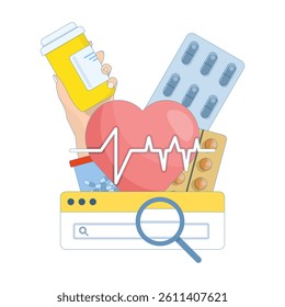 medical concept Medical and pharmaceutical plasticine elements Pills and medicines, heart with pulse line Search Cardiology. Tablet container, plastic bottle with medicine capsules. Flat design.