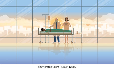 Medical concept scene. Senior doctor and nurse intend working check-up sick patient sleep on the bed in hospital at the early morning sunrise. Career lifestyle of work hard overwork and responsibility