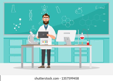 medical concept. Scientists man research in a laboratory lab. vector illustration cartoon character.