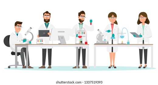 medical concept. Scientists man and woman research in a laboratory lab. vector illustration cartoon character.