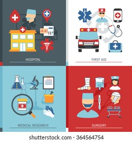 Medical Concept Set With Icons In Flat Style. Hospital, First Aid And Surgery Elements