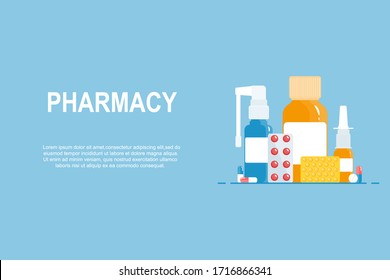 Medical concept. Set of medicines on a blue background. Pharmacy web banner. Health and pharmacy, sale of drugs. Cold, flu, cough drugs: medicinal syrup, nose spray, throat spray, tablets, capsules. 